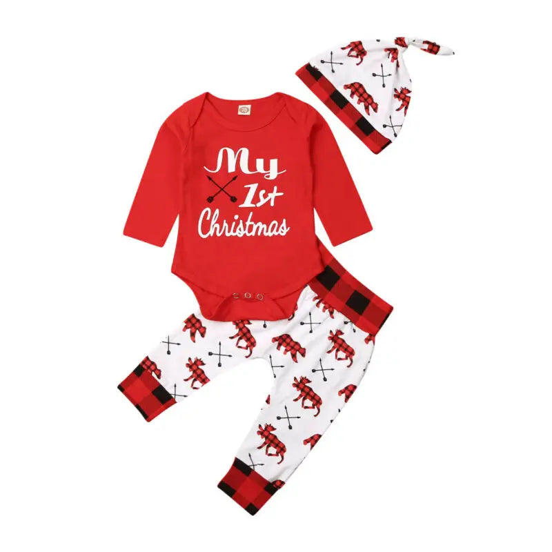 Lovely Baby Boy My First Christmas Letter Romper Kids Pant Newborn Hat Boys Outfits Girl Xmas Set Autumn Clothing 2PCS Set