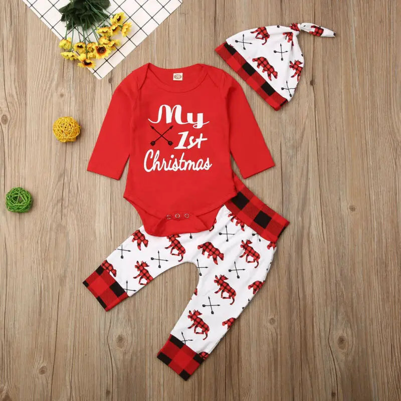 Lovely Baby Boy My First Christmas Letter Romper Kids Pant Newborn Hat Boys Outfits Girl Xmas Set Autumn Clothing 2PCS Set