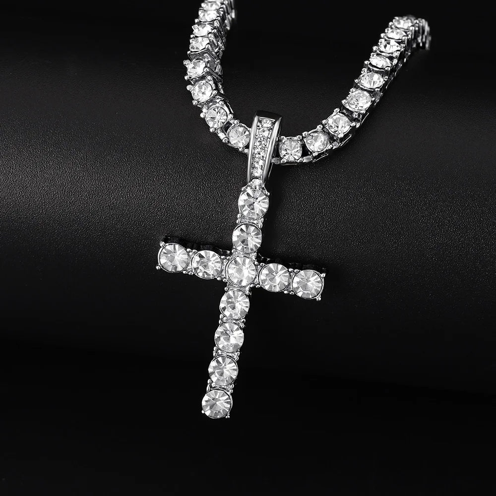 Men Women Hip Hop Cross Pendant Necklace With 4mm Zircon Tennis Chain Iced Out Exquisite Bling Jewelry Fashion Trendy Creative