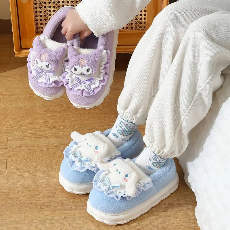 Sanrio Hello Kitty Kuromi Cinnamoroll Cotton Slippers Cartoon Cute Winter Indoor Home Slippers Thick Sole Keep Warm Cotton Shoes