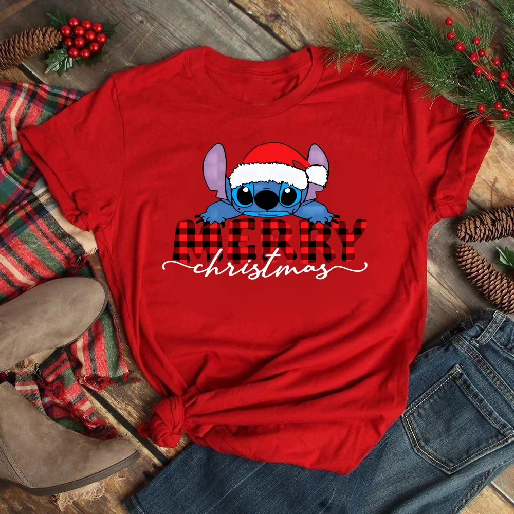 Cute Stitch Printed T Shirt for Women Tops Cartoon Merry Christmas Graphic Tees Red T-shirt Female Tshirt Clothes