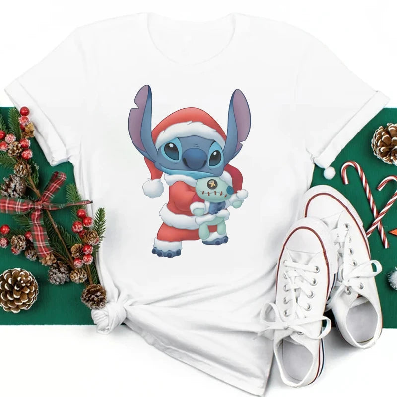 Cute Stitch Printed T Shirt for Women Tops Cartoon Merry Christmas Graphic Tees Red T-shirt Female Tshirt Clothes