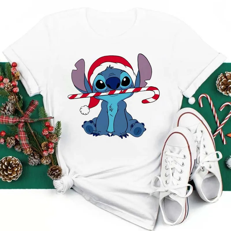 Cute Stitch Printed T Shirt for Women Tops Cartoon Merry Christmas Graphic Tees Red T-shirt Female Tshirt Clothes