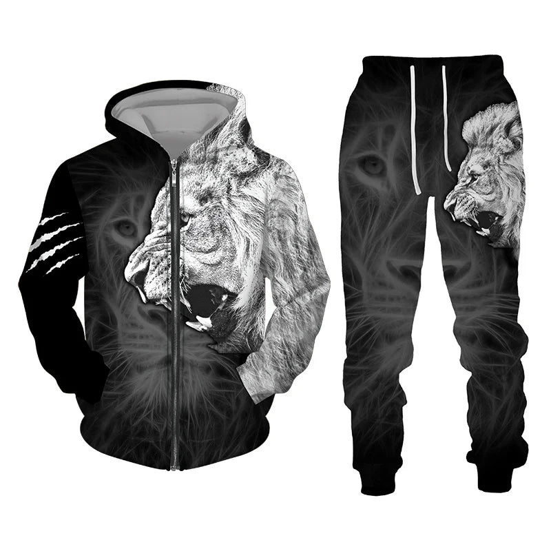 Autumn and Winter Men's Tracksuit 3D The Lion Print Zipper Hoodies Sweatshirts Pants Sets Casual Mens Clothing Women's Tracksuit