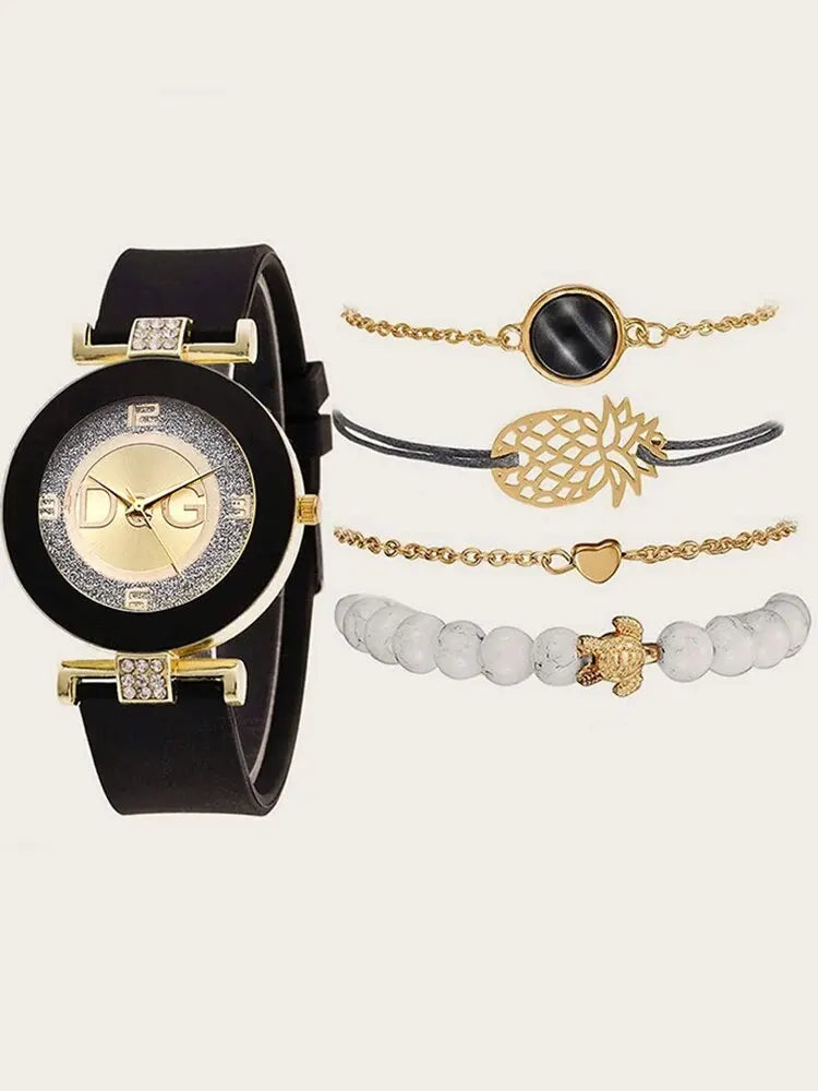 5pcs Fashionable and Trendy Diamond Inlaid WOMEN'S Quartz Wristwatch with Bracelet Set