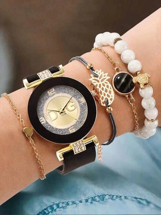 5pcs Fashionable and Trendy Diamond Inlaid WOMEN'S Quartz Wristwatch with Bracelet Set