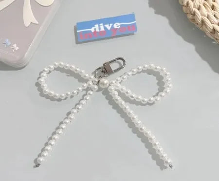 Korean Sweet Pearl Bow Phone Charm Pendant Keychain for Bag IPhone Samsung Accessories Women Girl Strap Lanyard Pendant Decor