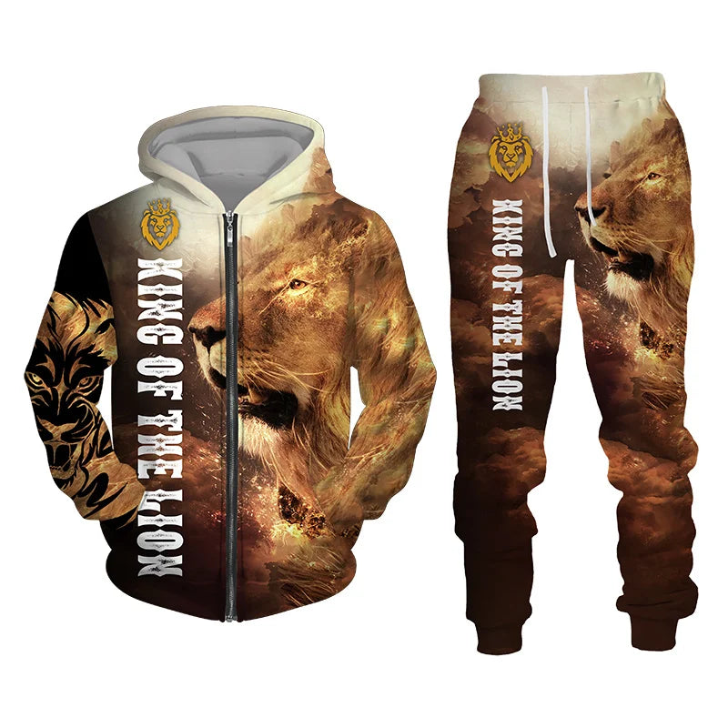 Autumn and Winter Men's Tracksuit 3D The Lion Print Zipper Hoodies Sweatshirts Pants Sets Casual Mens Clothing Women's Tracksuit