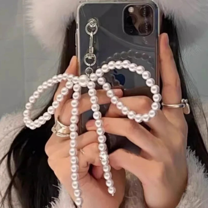 Korean Sweet Pearl Bow Phone Charm Pendant Keychain for Bag IPhone Samsung Accessories Women Girl Strap Lanyard Pendant Decor