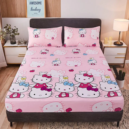 Sanrio Hello Kitty Fitted Sheets Cartoon Kt Pattern Printing Mattress Protector Anti-slip Fitted Sheets Kawaii Girl Bedding