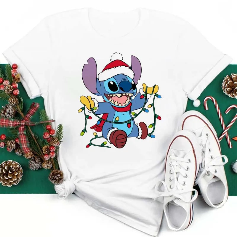 Cute Stitch Printed T Shirt for Women Tops Cartoon Merry Christmas Graphic Tees Red T-shirt Female Tshirt Clothes