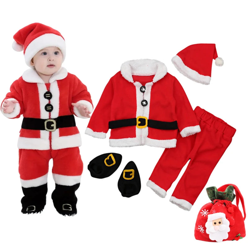 Newborn Baby Santa Claus Costume Christmas Outfit Autumn Winter Tops +Pants +Hat and Shoes 4PCS New Year Boys Girls Clothes Set