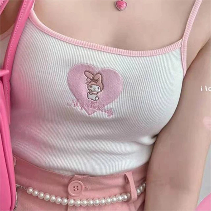 New Kawaii Hello Kitty Sanrio Tank Top Cinnamoroll Melody Purin Kuromi Summer Embroidered Camisole Tube Top Girl Sleeveless Vest