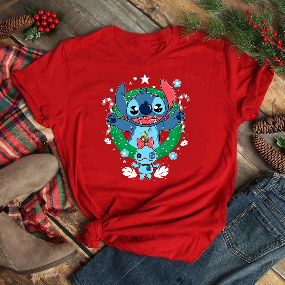 Cute Stitch Printed T Shirt for Women Tops Cartoon Merry Christmas Graphic Tees Red T-shirt Female Tshirt Clothes