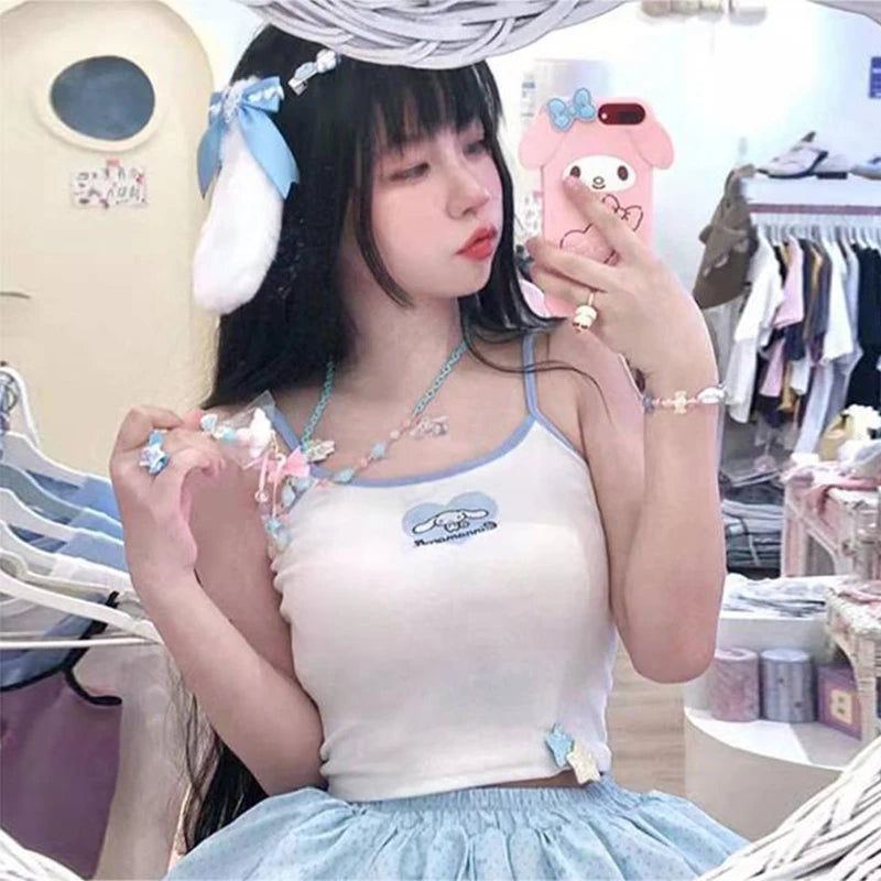 New Kawaii Hello Kitty Sanrio Tank Top Cinnamoroll Melody Purin Kuromi Summer Embroidered Camisole Tube Top Girl Sleeveless Vest