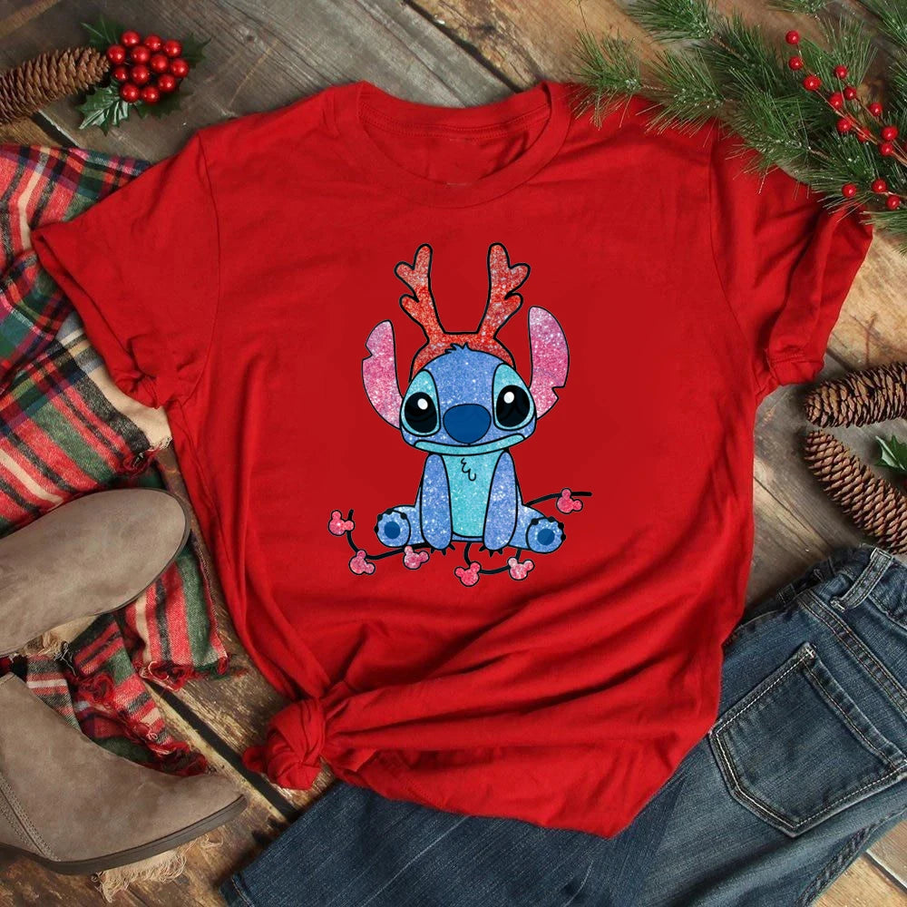 Cute Stitch Printed T Shirt for Women Tops Cartoon Merry Christmas Graphic Tees Red T-shirt Female Tshirt Clothes