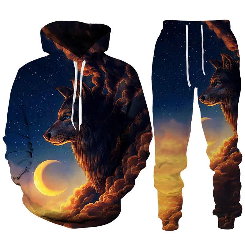 Dazzle Wolf 3D Print Tracksuit Set Man Woman Hoodie And Pants 2pcs Sets Hip Hop Streetwear Oversized Casual Pullover Sweatshirt