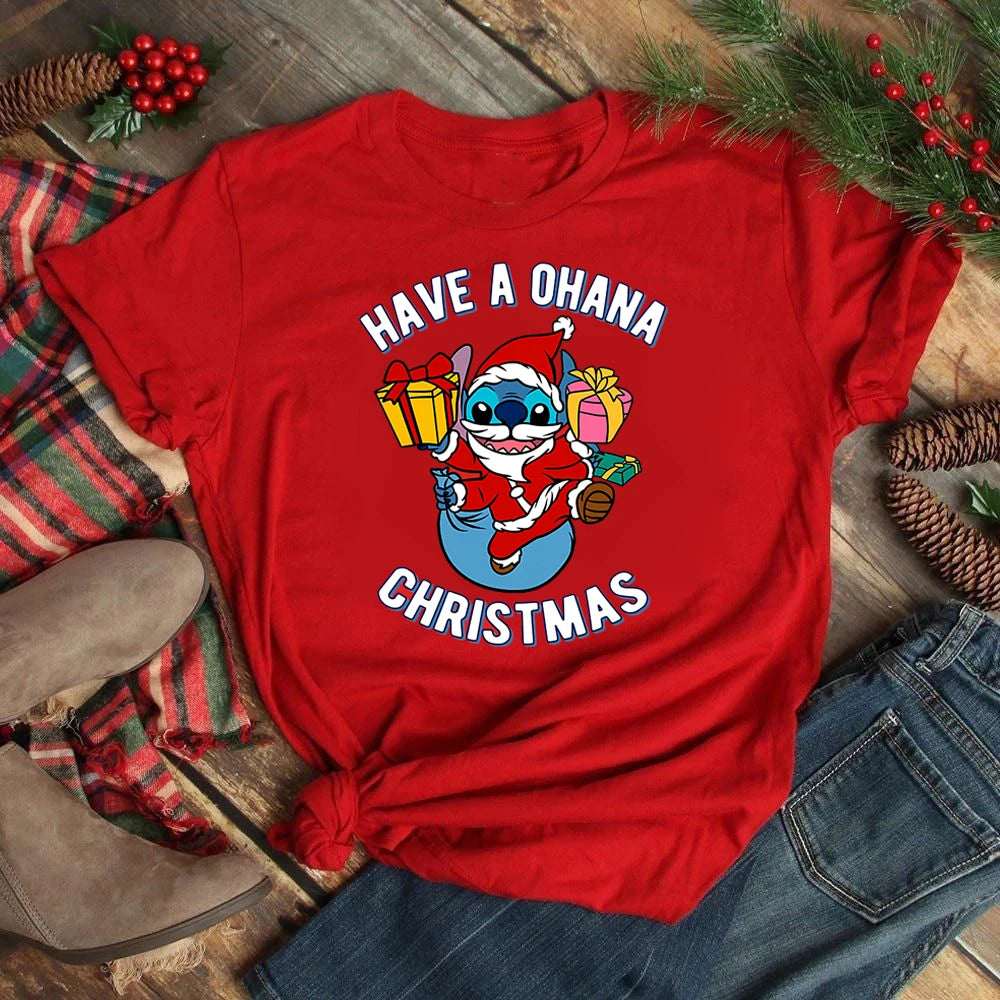 Cute Stitch Printed T Shirt for Women Tops Cartoon Merry Christmas Graphic Tees Red T-shirt Female Tshirt Clothes