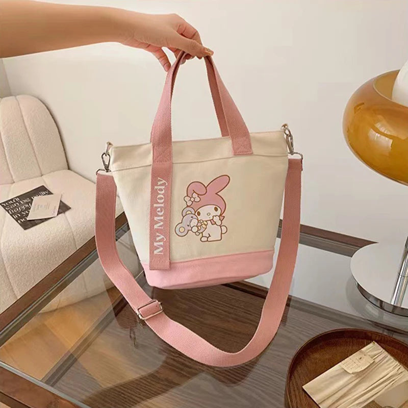 MINISO Hello Kitty New Cartoon Tote Bag Cute Print One Shoulder Crossbody Bag Canvas Bag Water Bucket Bag