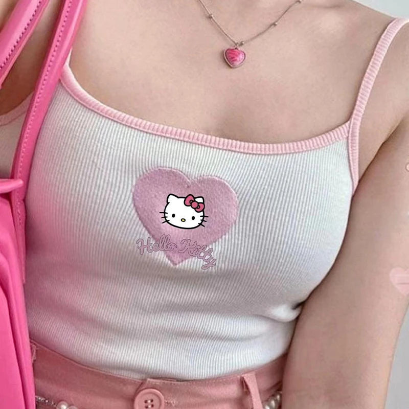 New Kawaii Hello Kitty Sanrio Tank Top Cinnamoroll Melody Purin Kuromi Summer Embroidered Camisole Tube Top Girl Sleeveless Vest