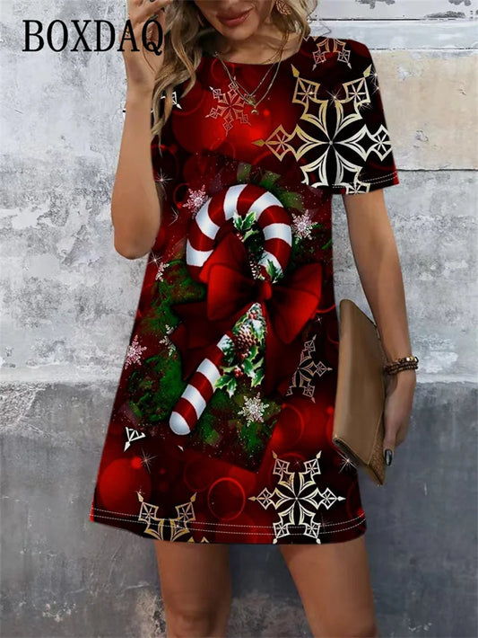 Women Christmas Clothing Winter Party Christmas 3D Print Dress Christmas Casual Short Sleeve Fashion Loose A-Line Dress Vestidos