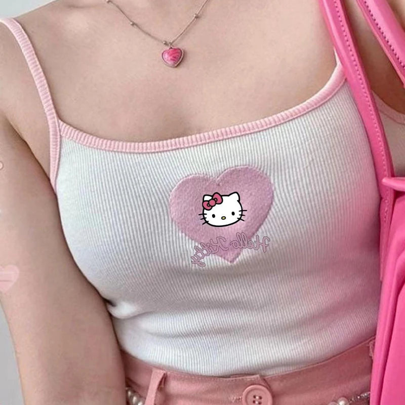 New Kawaii Hello Kitty Sanrio Tank Top Cinnamoroll Melody Purin Kuromi Summer Embroidered Camisole Tube Top Girl Sleeveless Vest