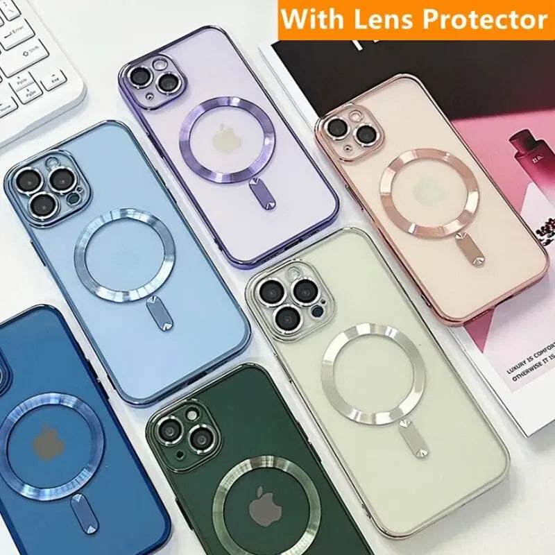 Fashion Plating Magnetic Soft Case For Magsafe For iPhone 15 14 Plus 13 12 11 Pro Max Wireless Charging Case With Lens Protector