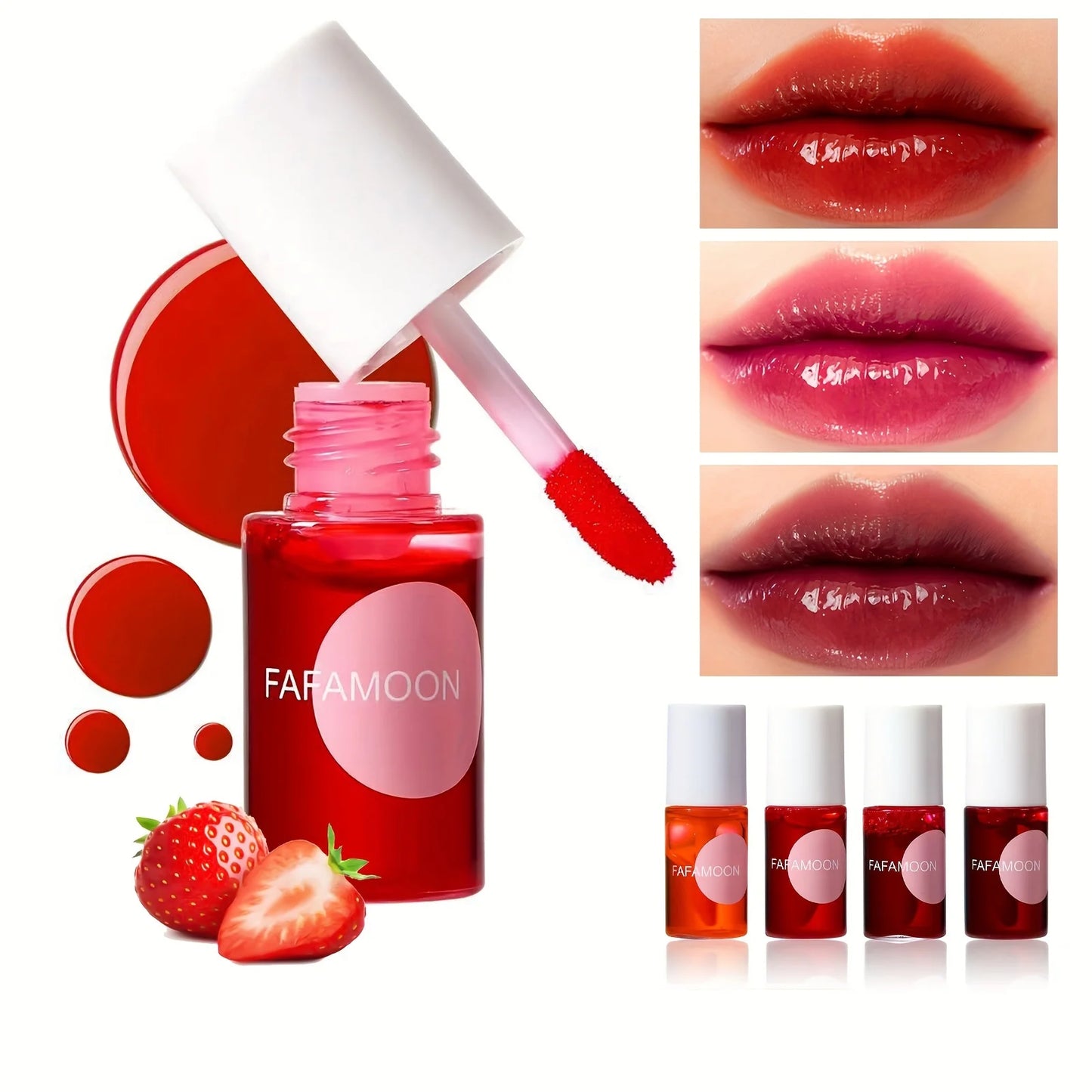 4 color Fruity Lip Tint Water Gloss Tint,Moisturizing Waterproof Liquid Lipstick, Non-Stick,High Pigment,Long-Lasting Colors