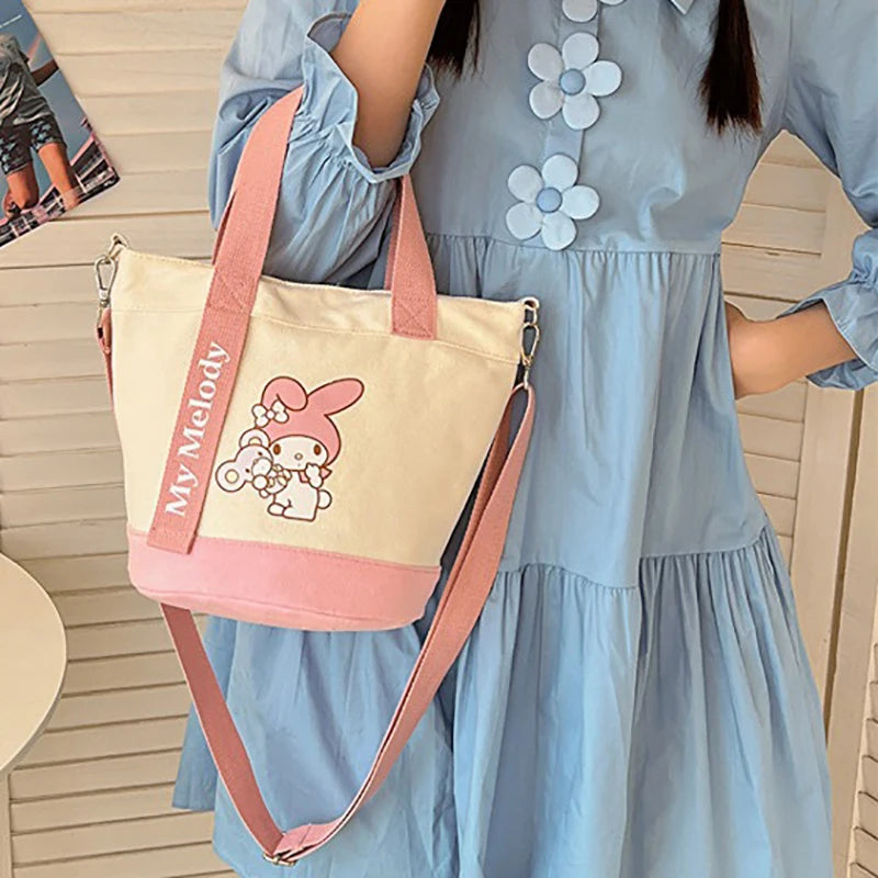 MINISO Hello Kitty New Cartoon Tote Bag Cute Print One Shoulder Crossbody Bag Canvas Bag Water Bucket Bag