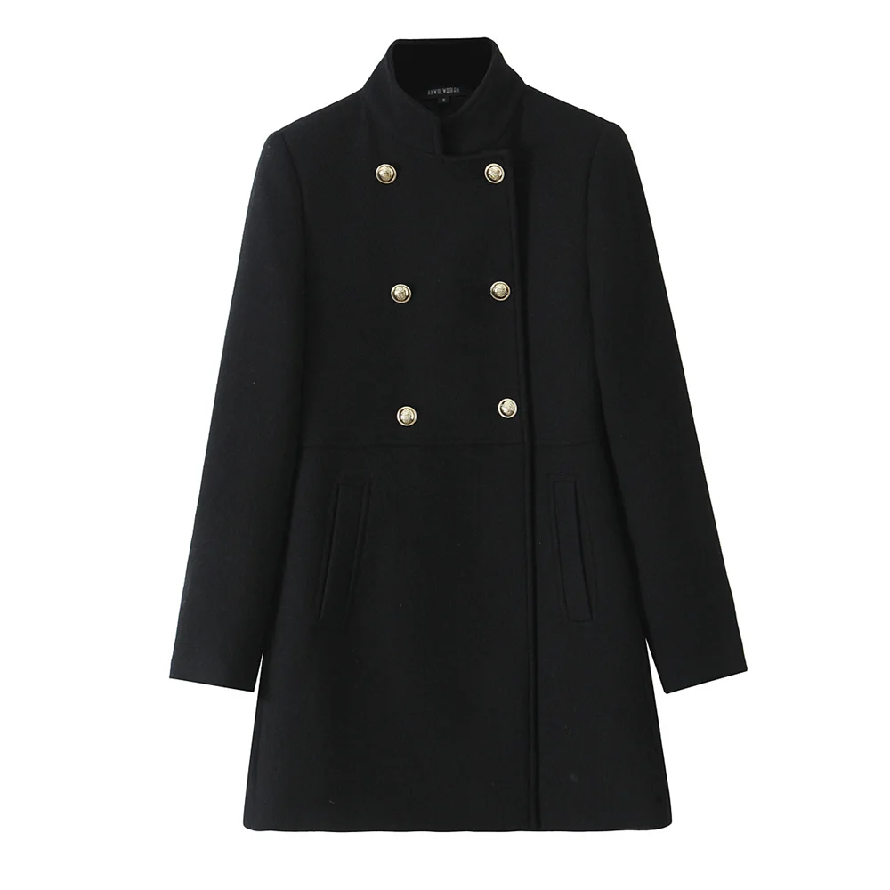 PB&ZA 2024 Autumn/Winter New Product Fashionable and Versatile Commuter Gold Button Double breasted Coat Coat