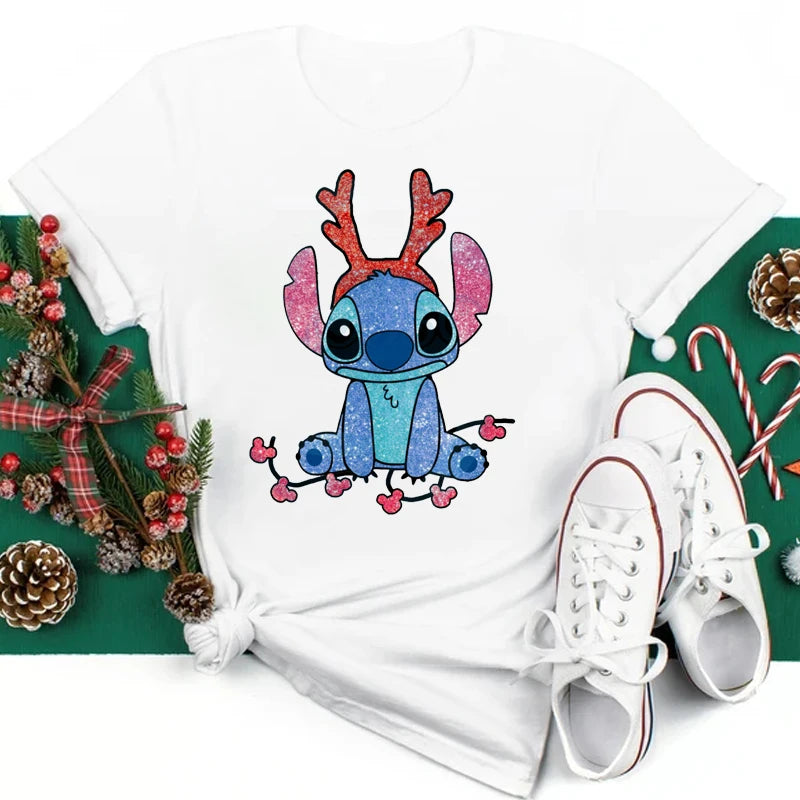 Cute Stitch Printed T Shirt for Women Tops Cartoon Merry Christmas Graphic Tees Red T-shirt Female Tshirt Clothes