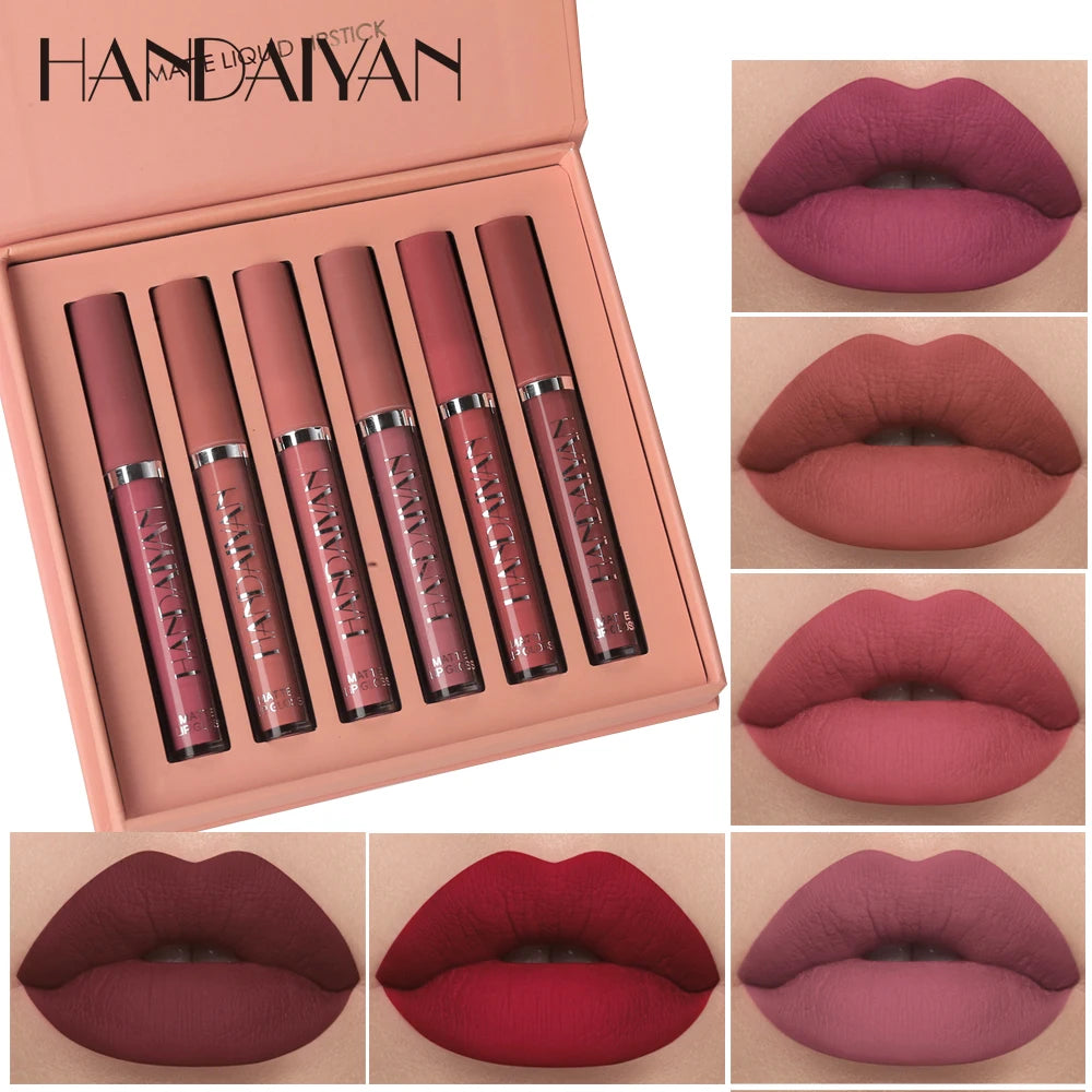 HANDAIYAN 6 Colors Lip Gloss Set Matte Nude Long-lasting High-pigment non-stick cup lip makeup Cosmetics Liquid Lipstick Setd